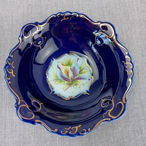 Floral Romania Cobalt Porfin Cluj-Napoca Porcelain Snack Fruit Dish Gold Edge
